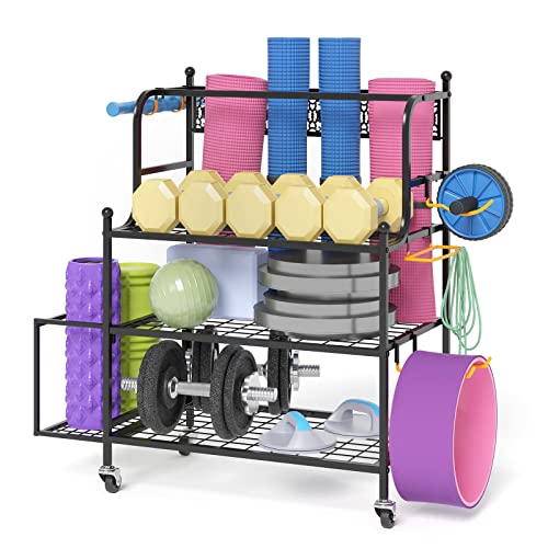 Yoga Mat Storage Racks, Home Gym Storage Rack for Organizing Kettlebells Dumbbells Foam Roller, All-in-One Workout Equipment Storage Organizer with Hooks and Wheels, Yoga Strap and Resistance Band