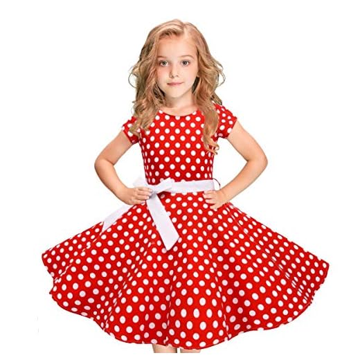 Alwayswin Barn flickor kortärmad vintage klänningar polka prickig prinsessklänning Swing rockabilly partyklänningar elegant spets aftonklänning sommar mode A-linje klänning, röd, XL