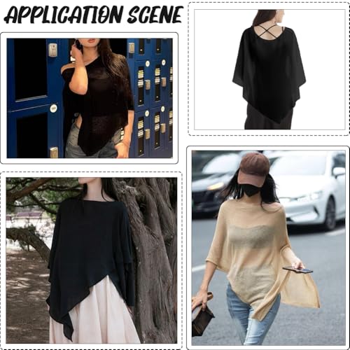 Black Sheer Poncho Shrug Bolero Soild Mesh Cotton Knit Summer Ponchos Shawl Lightweight Cover up Sun Protection Sweaters Pullover Shawls and Wraps Smock for Women Evening Dress Accessories4
