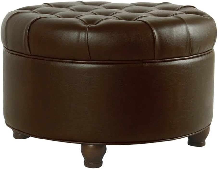 Pemberly Row Round Wood Storage Ottoman, Faux Leather Upholstered, Brown Finish, 25 x 25 in, Tufted Lift-Off Lid, Spacious Storage, Hardwood Plywood Frame, Living Room or Bedroom Seating and