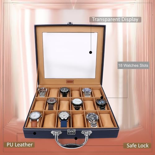 Image of LEDO Luxury Watch Box Organizer with 18 Slots, PU Leather Case, Transparent Display, Blue and Cream Interior, Metal Clasp Lock, Rectangular, Modern Classic Style