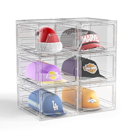 Hat Organizer Box for Baseball Caps, 6 Pack Clear Plastic Hat Storage Box, Hat Holder for Closet, Hat Display Case with Magnetic Door, Hat Rack, Snapback Organizer, Hat Case, Hold 8 Cap Each