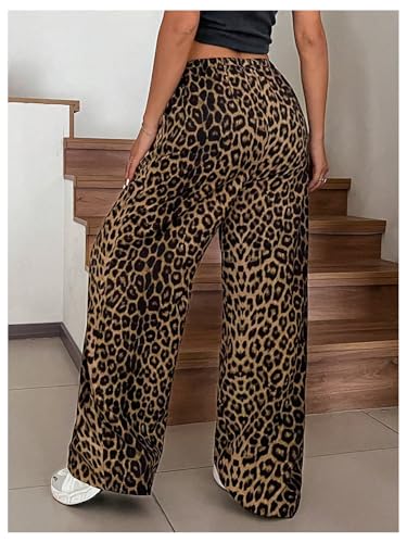 Floerns Women's Drawstring Waist Leopard Print Trousers Tie Front Wide Leg Pants2