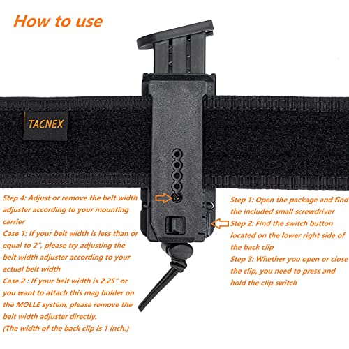 Tacnex Pistol Mag Holder W/Belt Molle Rotatable Adjustable Clip 9Mm Magazine Holster Owb Mag Pouch Fit 2 1/4" Duty Belt Molle Carrier Mount (Adjustable Belt/Molle Clip) #TOP4