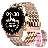 🎁【Reloj inteligente Exquisito& Estilo Personalizado】 Reloj inteligente utiliza una pantalla táctil de alta definición de resolución 360 * 360 de 1,32 pulgadas. La interfaz de reloj clara y natural y la pantalla LCD resistente a los arañazos hacen que la pantalla táctil del reloj de fitness sea más sensible y suave. Reloj inteligente tienen una gran selección de carátulas, los relojes inteligentes utilizan une correa de acero oro y dos correas de silicona rosa