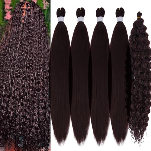 99j Braiding Hair Pre Stretched with Boho Braids Dark Red Curly Deep Ocean Wave Crochet Hair Natural Color Synthetic Knotless Boho Braiding Hair for Bohemian Braids 5 Packs