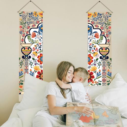 AHANDMAKER 2Pcs Boho Flower Mandala Indian Vertical Tapestry, Boho Floral Art Wall Hanging with Tassel for Living Room, Entry (45.7x13 Inch) - Image 7