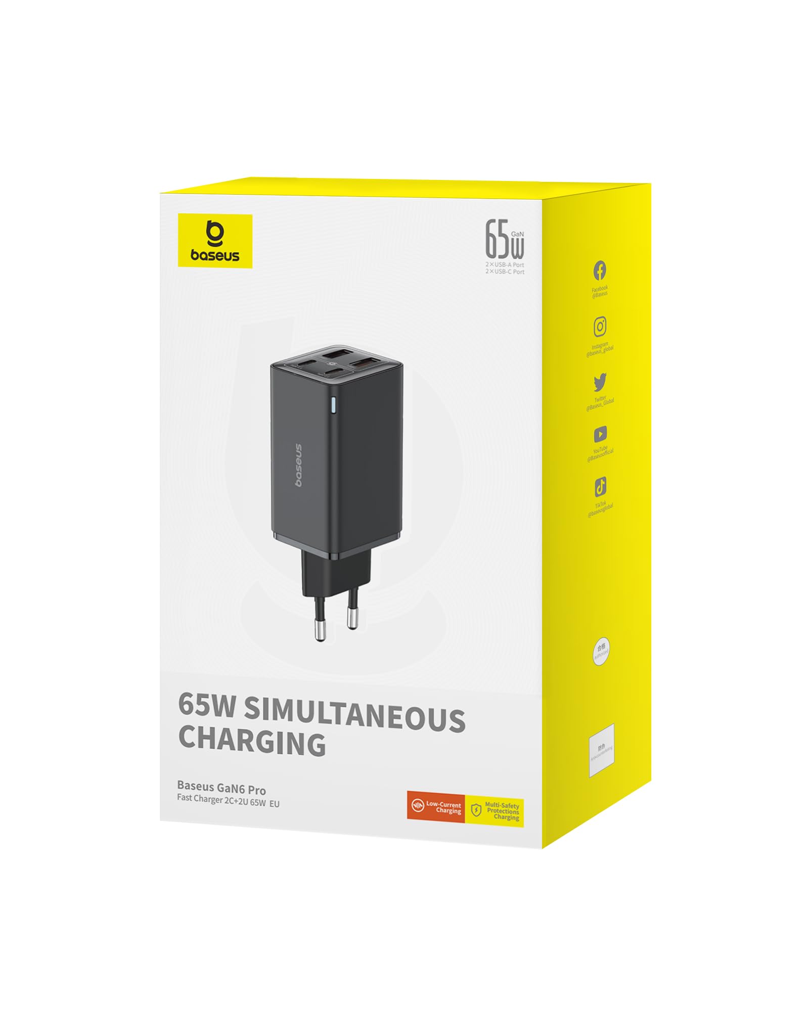 Baseus 65W Caricatore USB C GaN 6 Tech, Caricabatterie USB, Alimentatore USB C Compatibile con MacBook Air/Pro, Surface, iPhone 15/14/13, iPad, Samsung Galaxy S23 Ultra/S23+/S22, Pixel, Nero