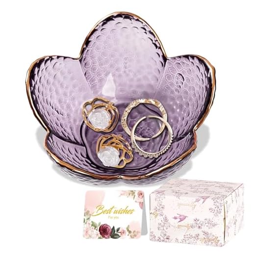 Purple Flower Jewelry Dish Glass Ring Dish Jewelry Tray Cute Vanity Organiser Room Decor Aesthetic Nightstand Bathroom Decor Trinket Dish Ring Holder Valentine's Friendship Birthday Gifts for Women