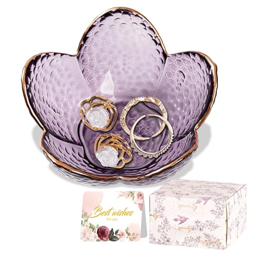 Purple Flower Jewelry Dish Glass Ring Holder Dish Jewelry Tray Cute Vanity Organizer...