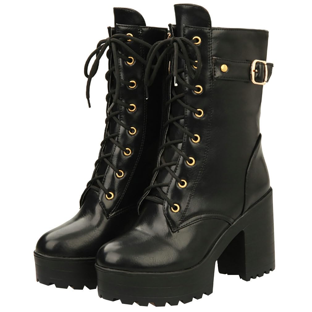Parisuit Womens Chunky Heel Lace Up Combat Boots Platform High Heel Ankle Boots Goth Buckle Motorcycle Shoes