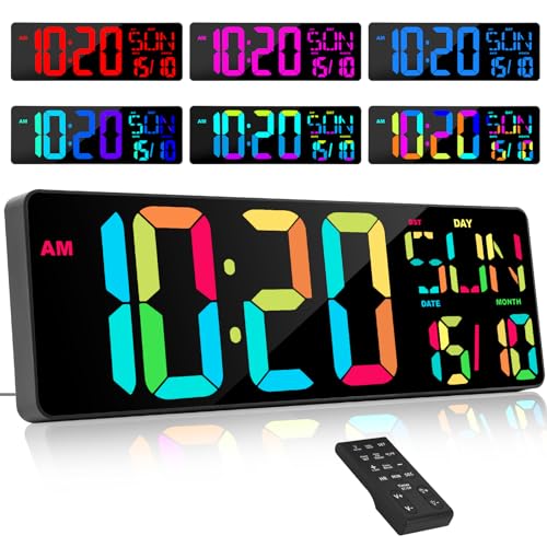 XREXS Reloj Digital Pared Grande con Cambio de Color RGB, 17'' Reloj de Pared Digital LED Brillo Ajustable, Reloj Pared Digital con Control Remoto, Temperatura/Alarma/Fecha/Día (8 Idiomas)/Alarma/DST