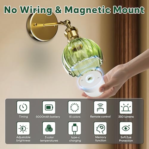 Image of Vintage Green Tulip Glass Wall Sconce - 5000mAh Rechargeable Battery Operated, Wireless w /Remote | No Wiring Needed for Bedroom, Hallway, Entryway (Set of 2)