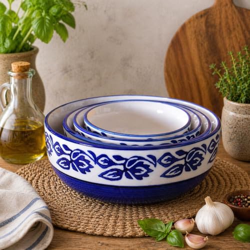 Image of Ceramic Mixing Bowl Set - 4 Pieces (1500ml, 800ml, 600ml, 400ml), Blue Vine - Durable, Microwave & Dishwasher Safe - Ideal for Mixing, Serving & Storage