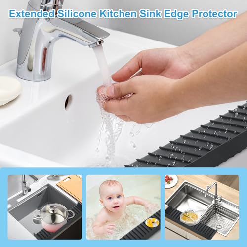 Image of Silicone Faucet Splash Guard 4 inch x 30 inch, Faucet Water Catcher Mat, Longer Silicone Sink Mat for Kitchen, Bathroom, Laundry Room, Farmhouse for Quartz Kitchen Sink(Black)
