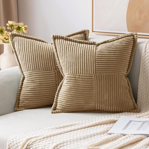 Image of MIULEE Decorative Euro Sham Throw Pillow Covers for Couch Bed Livingroom 22x22 Inch Set of 2 Khaki Boho Accent Throw Pllows Broadside Striped Patchwork Soft Corduroy Pillowcases