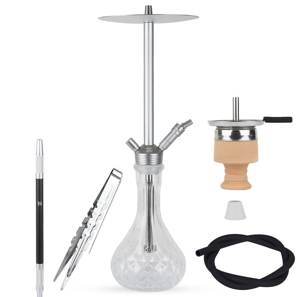 Z-Shisha KH03-1 B Silver Hookah with Hose, Mouthpiece, Clay Head, Rubber Adapter, Tongs, Hotpan, and Crystal Glass Base - Complete Set for Premium Smoking Experience
