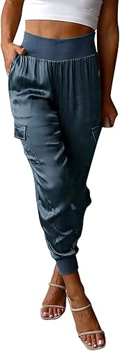 Pantalones deportivos de satén para mujer, casuales, de cintura alta, para descansar, informales, hasta el tobillo, pantalones cargo de satén sedoso