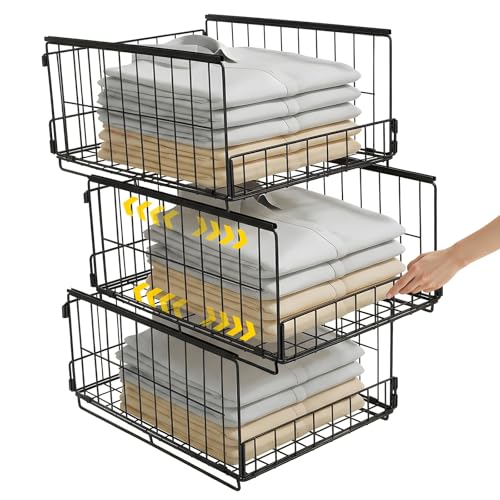 yazi 衣装収納ケース 引き出し 押し入れ収納ボックス 折りたたみ 衣装ケース 大容量 引き出し クローゼット 収納台 積み重ね可能 プラスチック タンス tシャツ/洋服/カバン 押し入れ服収納ラック (黒-3個セット)