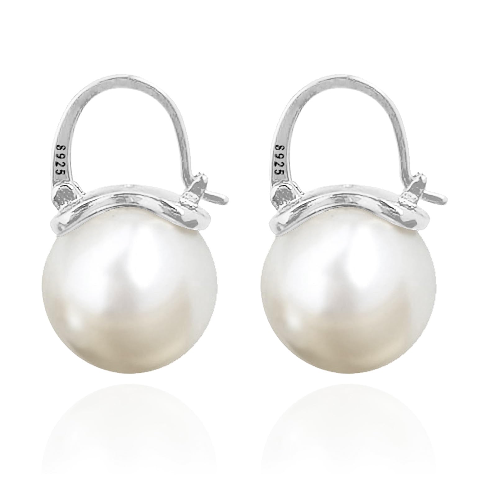 OwMellElegant 925 Sterling Silver Pearl Drop Earrings Dangle Stud Gold Plated Earrings for Women Large Size 12mm