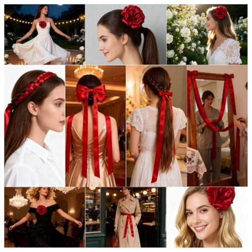 Set of 2 Shiny Satin Sash Waist Belt Large Rose Flower Brooch Charming Pin for Woman Clothes Party Dance Travel Dress3