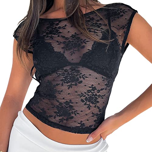 Sheer Mesh Short Sleeve Tops for Women Mock Neck Floral Lace Tshirt See Through Tee Shirt Sexy Going Out Tops2