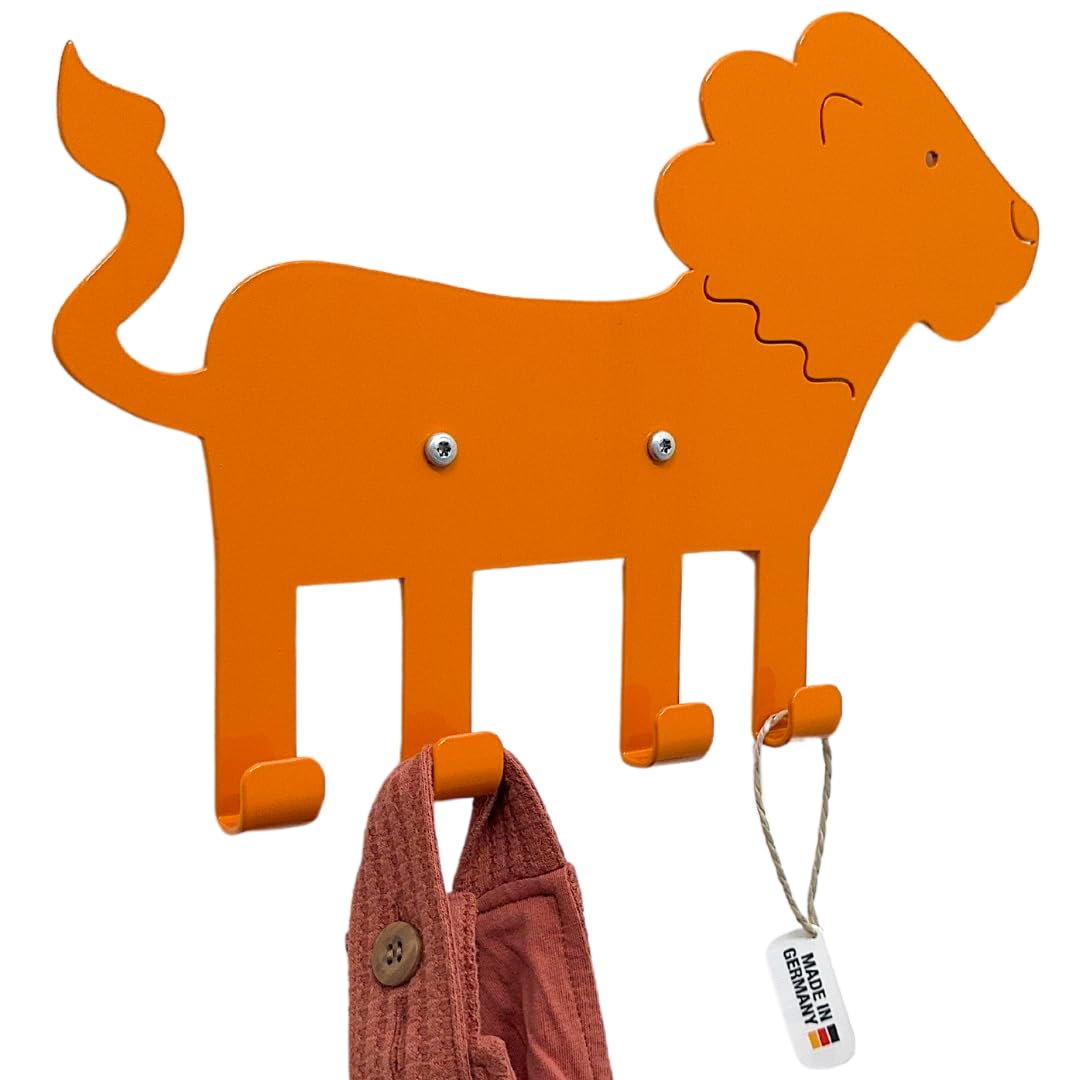 ABIMI Kindergarderobe Löwe aus pulverbeschichtetem Stahl – 4 Haken als Tierbeine – Wandgarderobe für Kinderzimmer & Flur – robust, durchdacht & mit Sorgfalt gefertigt – 32 × 22 × 2 cm