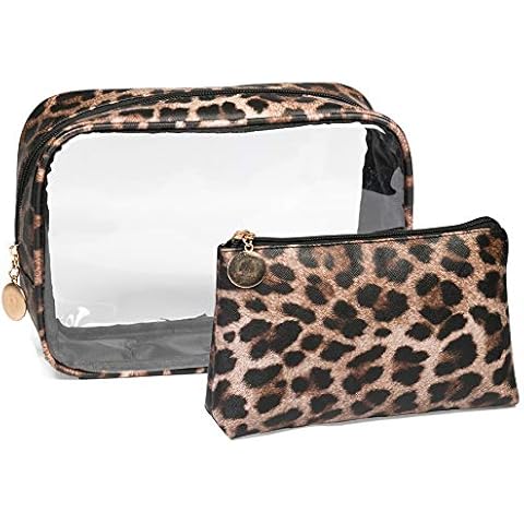 Hibala 2Pcs Portable Clear Waterproof Makeup Cosmetic Bag Makeup Bag Toiletry Bag Wash Bag Vacation, Bathroom and Organizing Bag Travel Set for Women (Leopard1) Cover