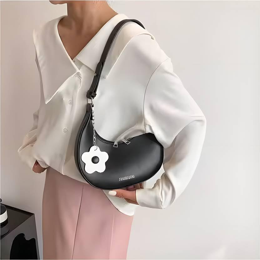 Image of Trendy Women's Shoulder Sling Bag with Flower Charm | Lightweight PU Leather Handbag for Daily Use | Stylish Hobo Bag with Adjustable Strap