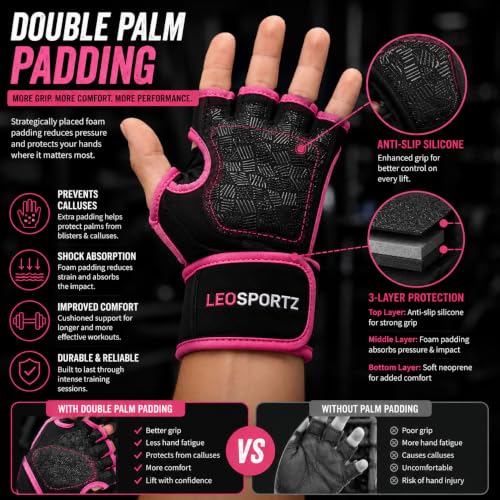 Image of Leosportz Gym Gloves for Women Weight Lifting | Workout Gloves with Wrist Support for Women | Crossfit Gym Gloves with Anti Slip Silicon (Pink, S)