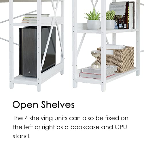 Ironck Computer Desk 63" With Power Outlet & Storage Shelves, Study Writing Table With Usb Ports Charging Station, Pc Desk Workstation For Home Office, White #TOP5