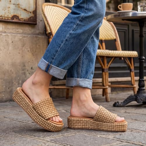 Image of Monrovia Platform Sandals Women Raffia Espadrille Slides, Woven Straw Flatform Beach Sandals Women, Slip On Summer Vacation Shoes, Comfortable Casual Daily Wear