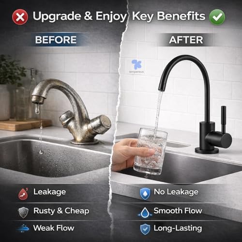 Image of AMPEREUS RO Faucet for Water Purifier, Premium Black Finish RO Tap Extender with Smooth Water Flow Control, Durable Tap for Kitchen Use, Leakproof Design