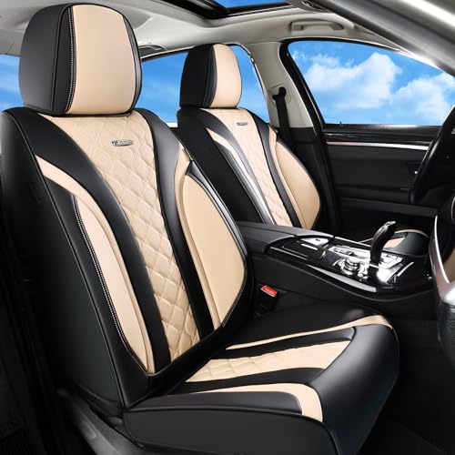 Image of Coverado Seat Covers, Car Seat Covers Front Seats, Perforated Diamond Leather Car Seat Cover, Waterproof Car Seat Covers, 2 Pack Car Seat Protector Front Seat Cover Universal Fit Most Car, Black&Beige