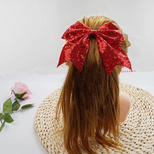 12Pcs 7Inch Red Large Big Cheer Bows For Girls Glitter Sequin Hair Bows Ponytail Holders Cheerleading Bows Elastic Hair Ties Bands For Baby Girls School College Teens Senior Cheerleader #TOP4