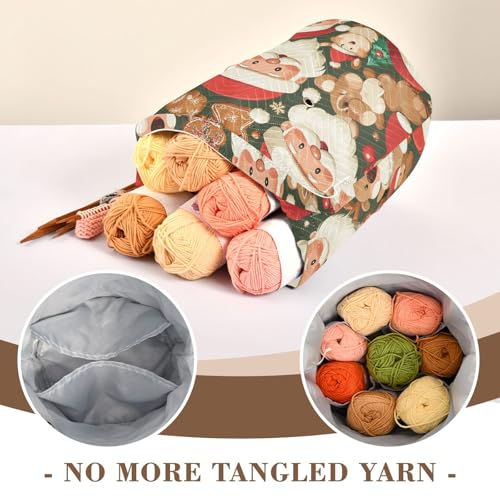 Image of Tatenale Crochet Bag Yarn Bag Knitting Project Bag with Pockets and Handle Portable Yarn Storage Organizer Tangle Free 8.3x11 InchGreen Christmas Santa Claus and Cookies16