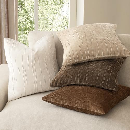 Image of Foindtower Pack of 2 Slubby Textured Chenille Throw Decorative Pillow Covers Square Accent Solid Cushion Cover Neutral Farmhouse Pillow Case for Couch Sofa Bedroom Living Room 24x24 Inch,Khaki Camel