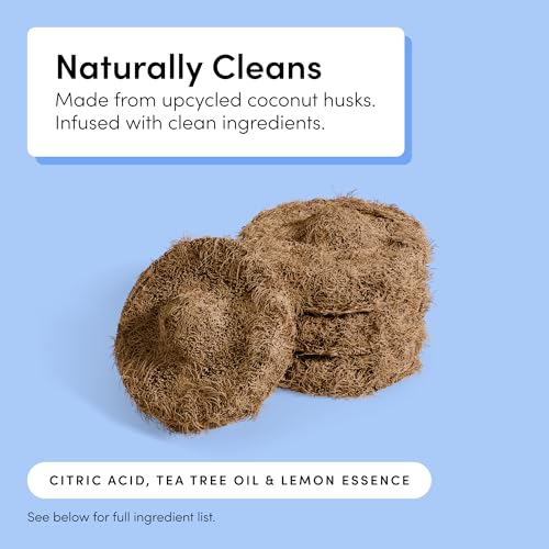 Image of TUSHY Toilet Brush 2.0 Set with Holder, 8 Coconut Husk Scrubbing Pads | Cleanser-Infused and Disposable, Planet Friendly Refills in Lemon and Tea Tree Scents