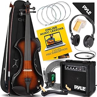 Pyle, 4 4/4 Silent Electric Violin Kit-Solid Wood Fiddle with Hard Case, Bow, Ebony Fittings, and Digital Tuner, Full Size Orchestral String Instrument, inc. Amplifier (PEGVLNKT40)