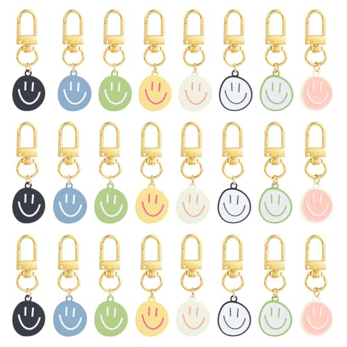 DICOSMETIC 24Pcs 8 Colors Smile Face Keychain Enamel Happy Expression Keychain New Class Key Chain Gift Cute Happy Face Keychains Bulk Car Key Ring Pendant for Backpack Purse