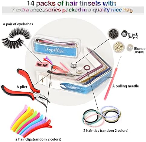 Hair Tinsel Kit, Tinsel Hair Extensions, 14 Colors Glittery Fairy Tensile Hair Heat Risitant with Tools for Women Girls(Plier+Pulling Needle+100 Dark Beads+100 Blonde Beads)
