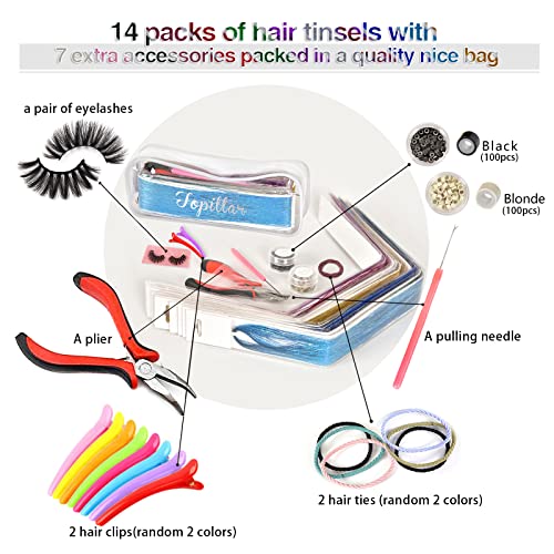 Hair Tinsel Kit, Tinsel Hair Extensions, 14 Colors Glittery Fairy Tensile Hair Heat Risitant With Tools For Women Girls(Plier+Pulling Needle+100 Dark Beads+100 Blonde Beads) #TOP1