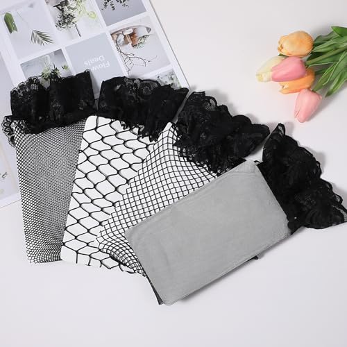 Image of Ptwola 4 Pairs Thigh High Fishnet Stockings Women Lace Thigh Knee High Fishnet Stocking Top Sheer Over Knee Silky Stockings Black Stay Up Tights Fish Net Pantyhose for Role Playing Rave Outfits