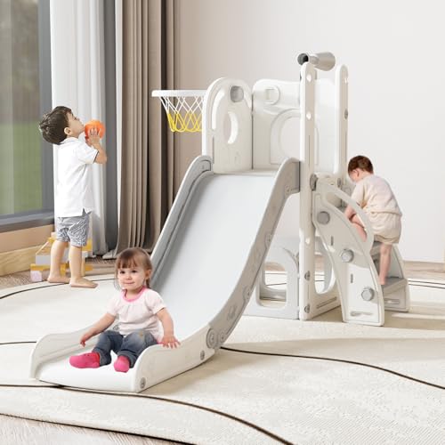 Image of kinbor 6 in 1 Toddler Slide PlaySet - Indoor Outdoor Fun for Kids Ages 1-3, Includes Basketball Hoop, Telescope, Storage & Climber, Safe, Sturdy Baby Slide for Backyard Playground, White+Gray