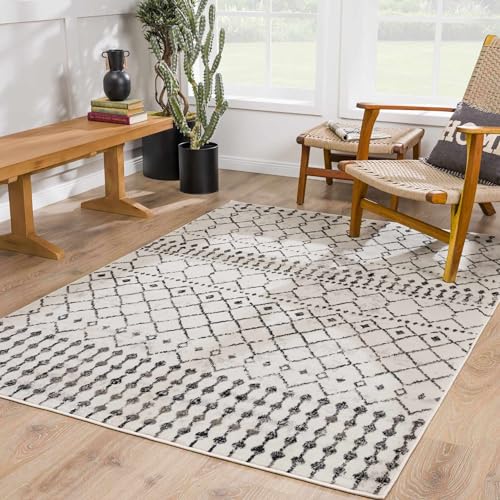 Hauteloom Cowplain Farmhouse Moroccan Geometric Area Rug - Boho Aztec Tribal Carpet for Living Room, Bedroom, Dining Room - Cream, Black, Beige, Gray - 6'7" x 9'