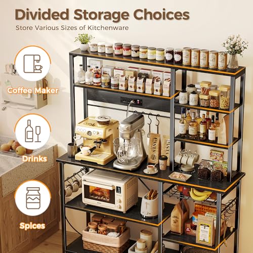 Image of SUPERJARE Larger Bakers Rack with Power Outlets, 6-Tier Microwave Stand, Coffee Bar with 12 S-Shaped Hooks, Kitchen Shelf with Wire Basket, 47.2 x 15.5X 66.9 Inches, Black