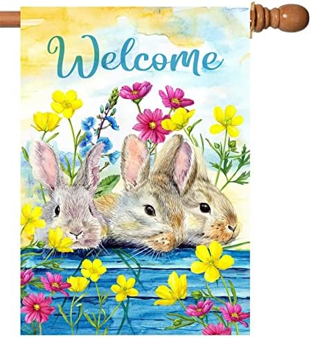 Txtains Retro Happy Easter Colorful Floral Flowers Three Rabbits Spring Welcome House Flag 28 x 40 Inch Double Sided Garden Yard Outdoor Banner Decor