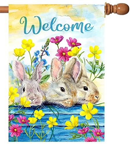 Txtains Retro Happy Easter Colorful Floral Flowers Three Rabbits Spring Welcome House Flag 28 X 40 Inch Double Sided Garden Yard Outdoor Banner Decor #TOP2