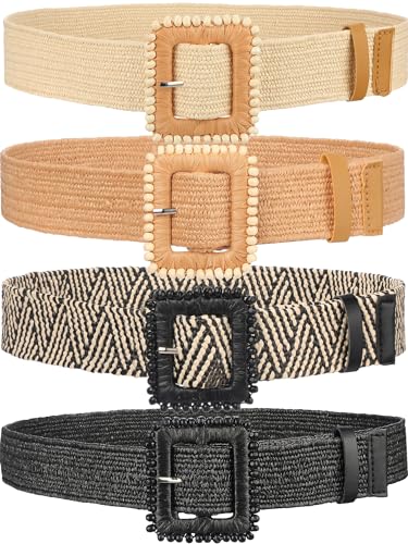 Image of WILLBOND 4 Pcs Women's Elastic Raffia Woven Belt, Boho Rattan Buckle Stretch Straw Wide Waist Belt for Dresses Jeans Pants