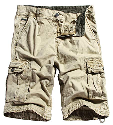chouyatou Men's Casual Elastic-Waist Loose Multi-Pocket Chino Cargo Work Shorts (30, Cargo-Khaki)
